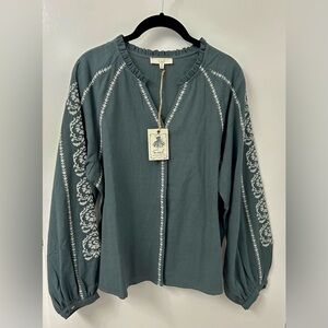 Easel Teal Embroidered Tunic Top